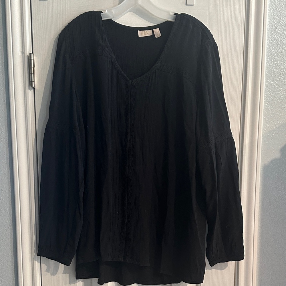 LOGO by Lori Goldstein Black Blouse Button Up Loose Flowy Boho Women’s XL